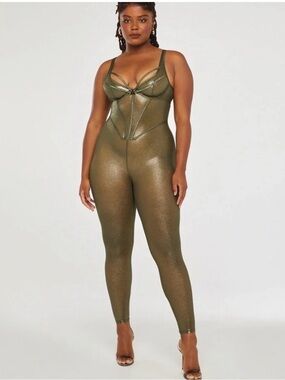 Savage X Fenty Olive Green Shimmer Lace-Up Bodysuit Size 8-10